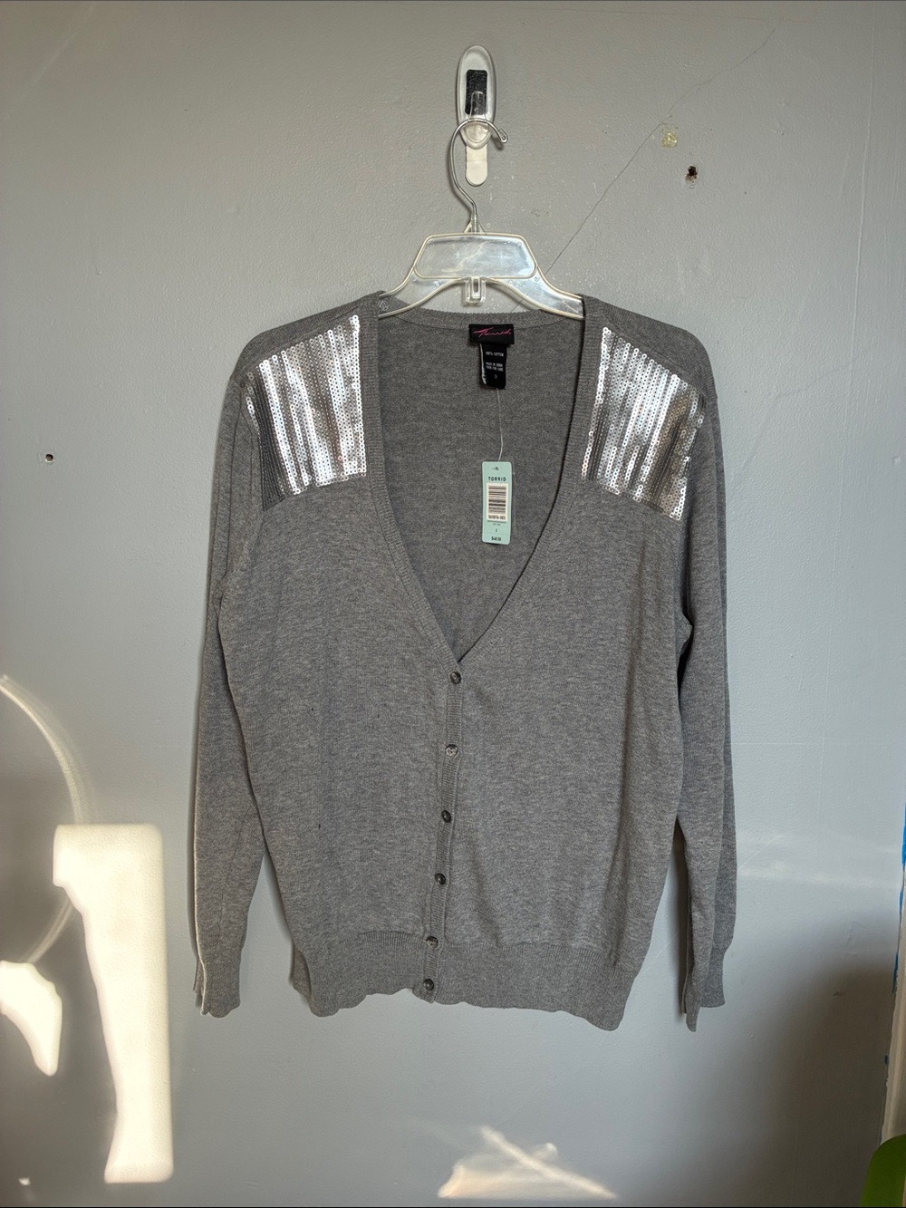 NWT Torrid 2X gray silver sequin shoulder accent button down cardigan sweater